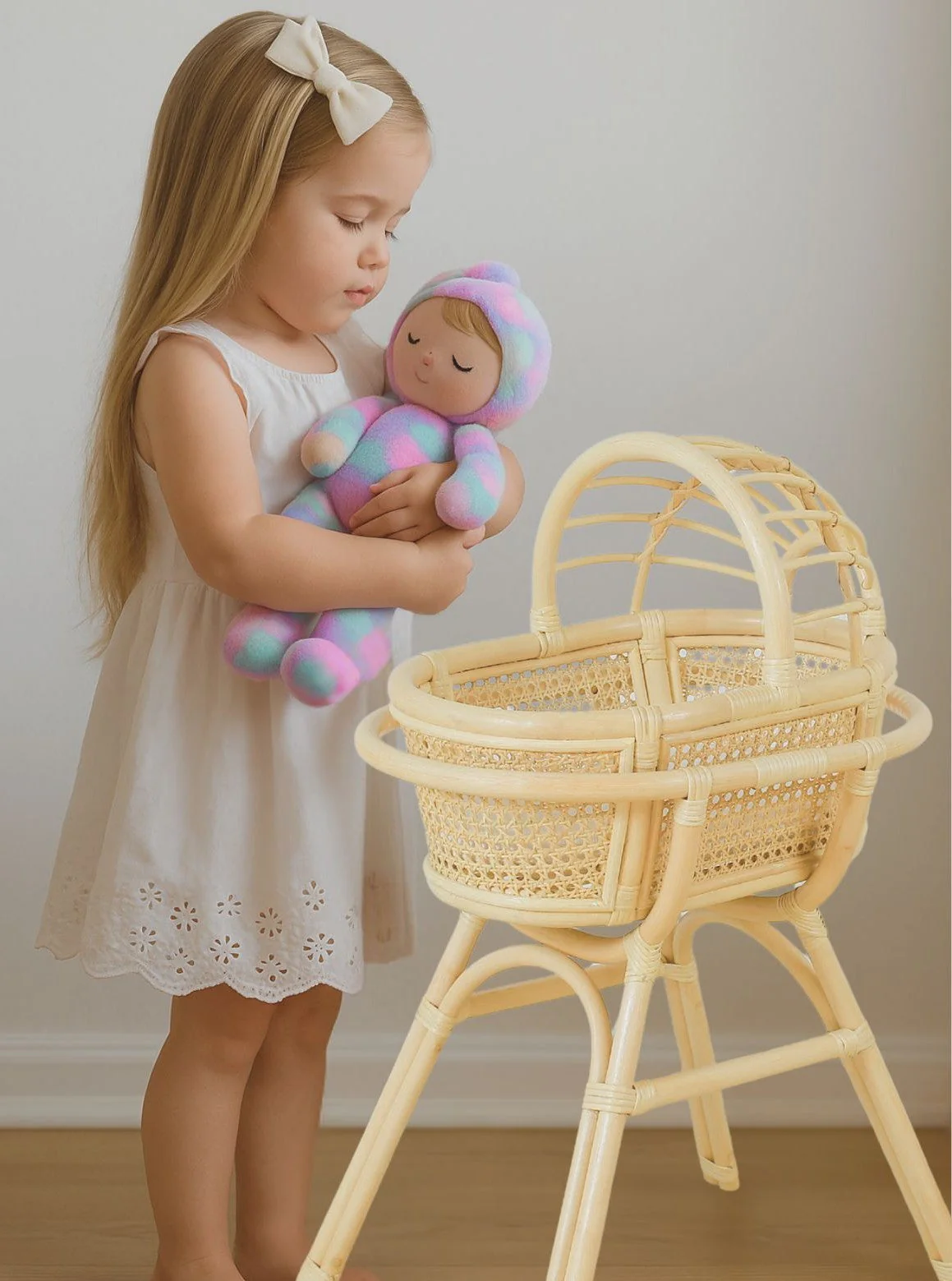 Lullaby Rattan Doll Bassinet with Stand – Handwoven Toy Cradle for Pretend Play - Image 3
