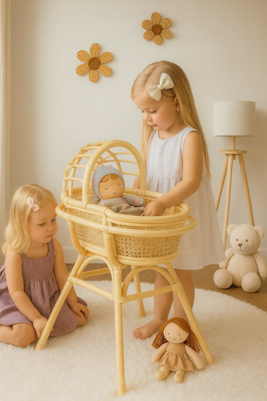 Lullaby Rattan Doll Bassinet with Stand – Handwoven Toy Cradle for Pretend Play - Image 5