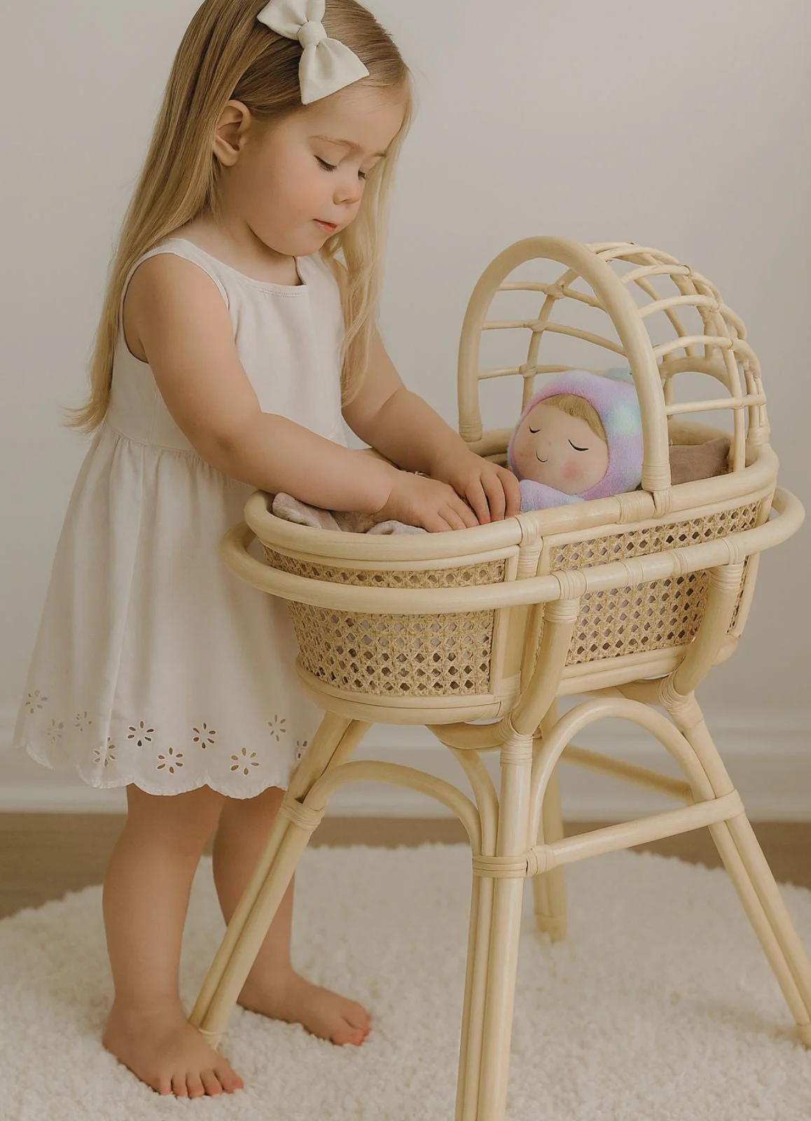 Lullaby Rattan Doll Bassinet with Stand – Handwoven Toy Cradle for Pretend Play - Image 6