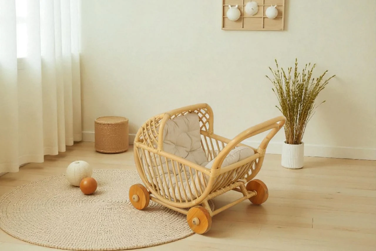 Lullaby Rattan Doll Buggy – Handcrafted Boho Stroller for Little Girls Doll Pretend Play - Image 2