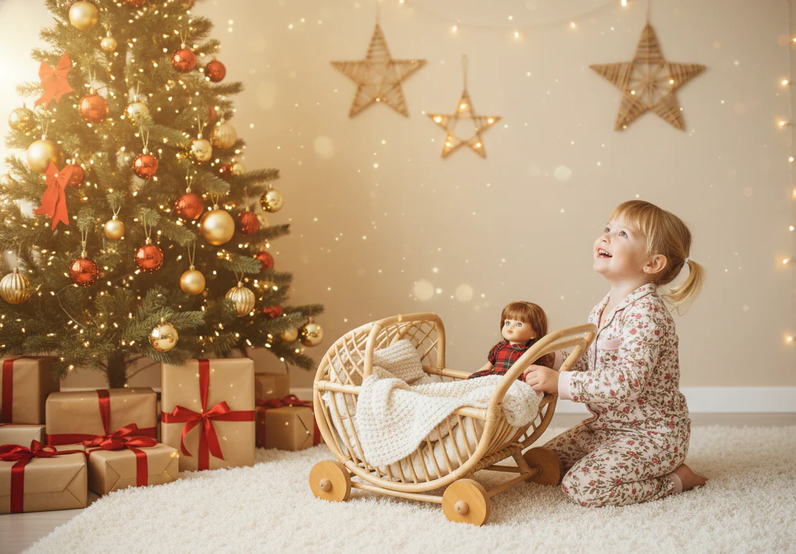 Lullaby Rattan Doll Buggy – Handcrafted Boho Stroller for Little Girls Doll Pretend Play - Image 3