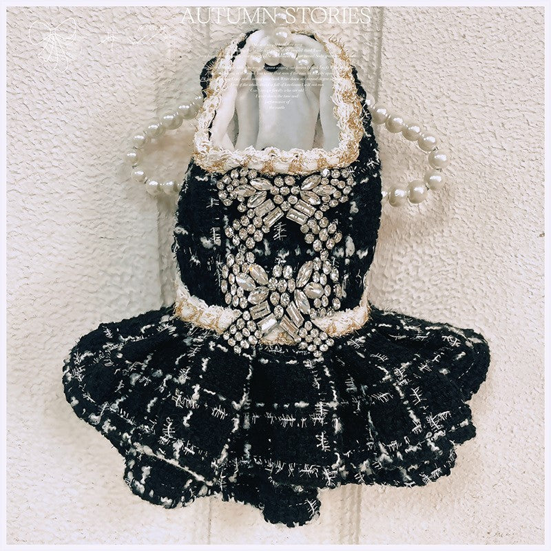 Luxury Black Tweed Rhinestone Dog Dress with Hat – Elegant French Couture Style - Image 3