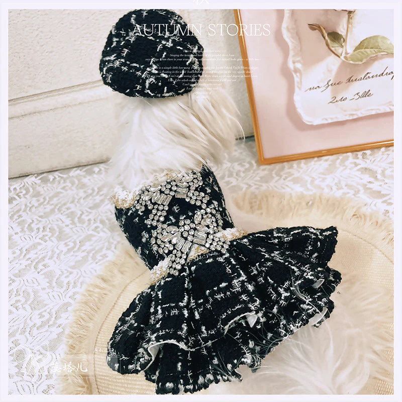 Luxury Black Tweed Rhinestone Dog Dress with Hat – Elegant French Couture Style - Image 4