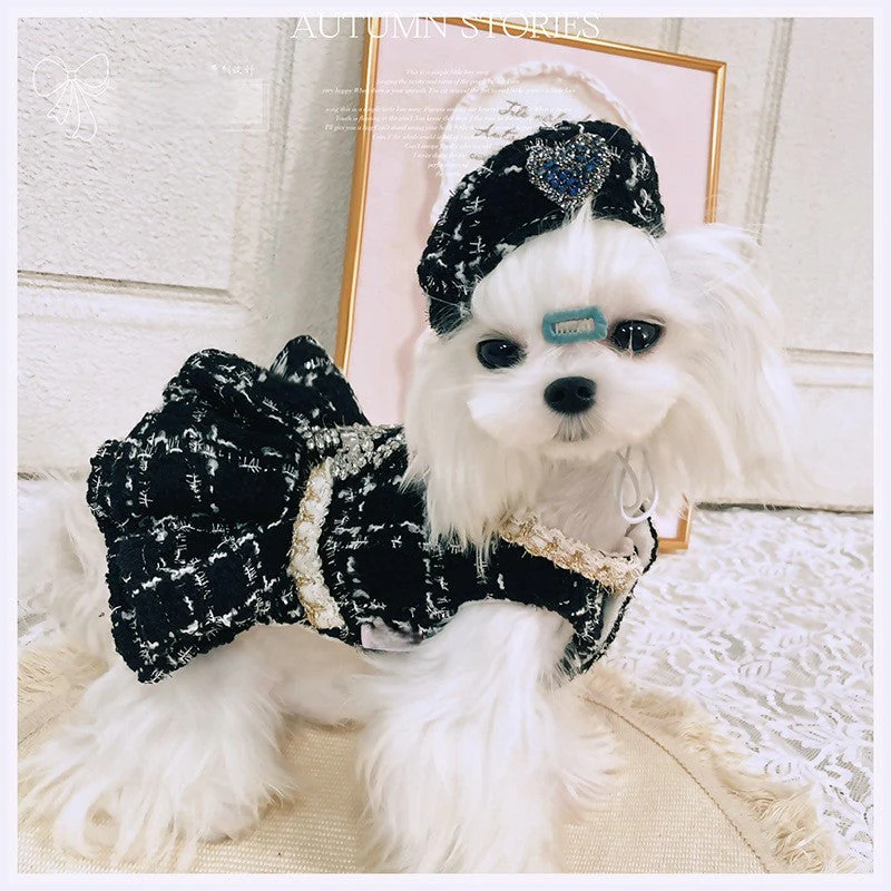 Luxury Black Tweed Rhinestone Dog Dress with Hat – Elegant French Couture Style - Image 5
