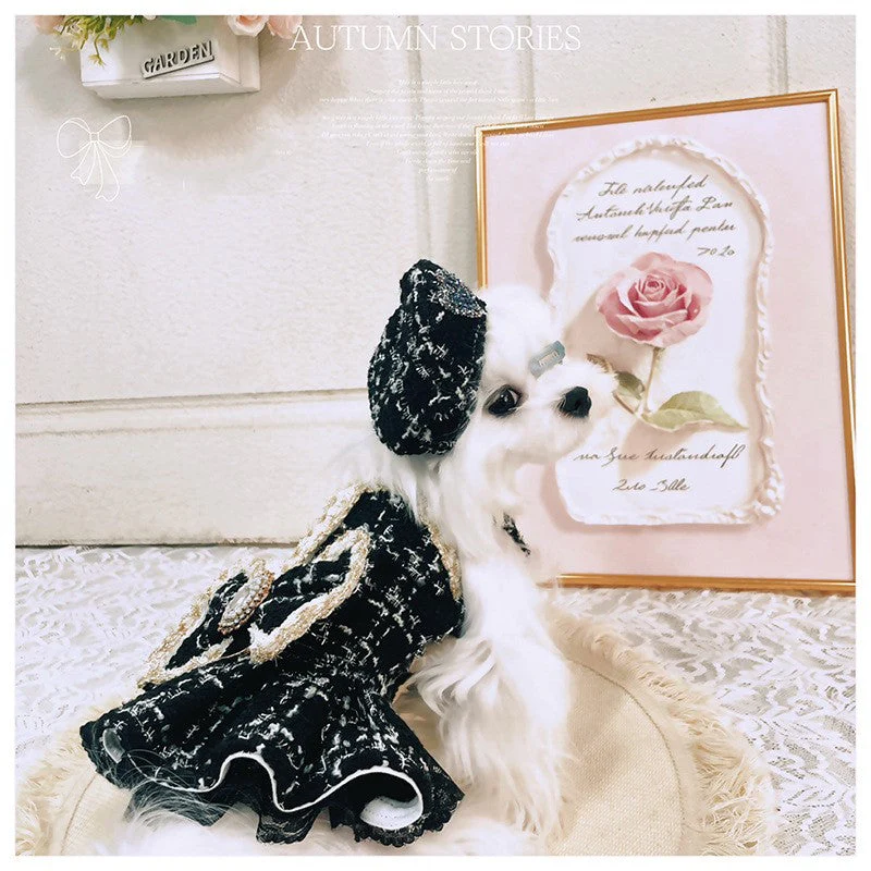 Luxury Black Tweed Rhinestone Dog Dress with Hat – Elegant French Couture Style - Image 6