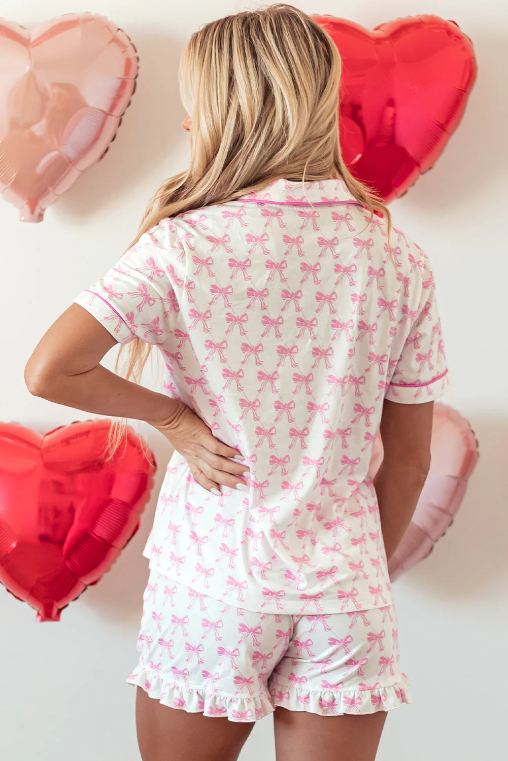 Luxury Bowknot Printed Short Sleeve and Ruffled Shorts Pajama Set - Image 2