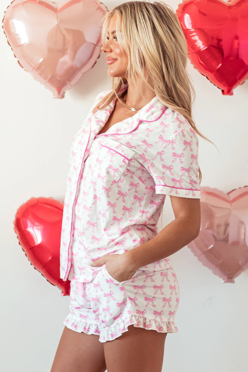 Luxury Bowknot Printed Short Sleeve and Ruffled Shorts Pajama Set - Image 3