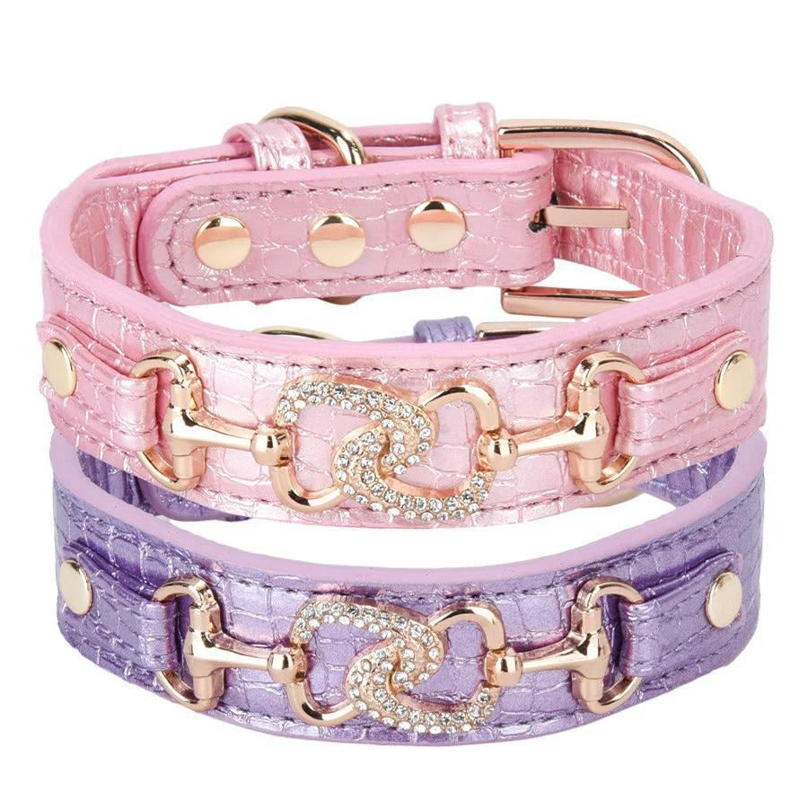 Luxury Crystal Heart Dog Collar – Pink & Purple Croc Texture - Image 2