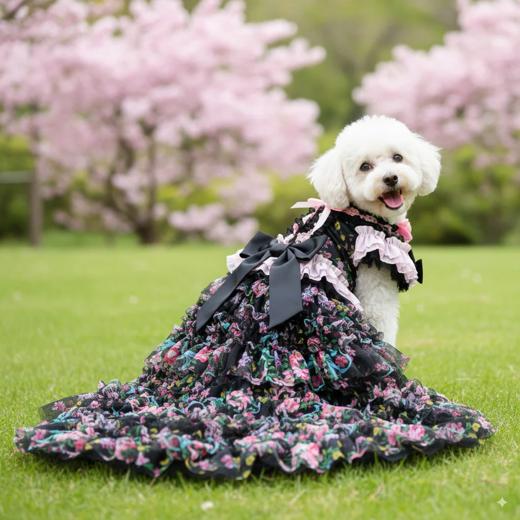 Luxury Floral Dog Dress with Ruffled Skirt & Pink Bow - Image 10