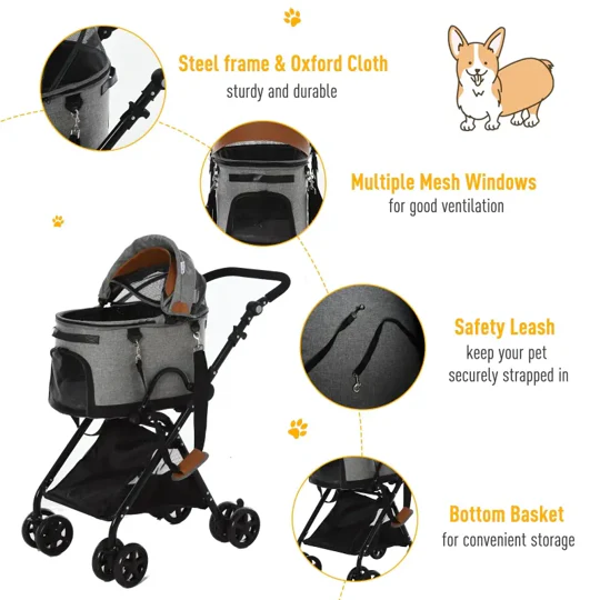 Luxury Folding Pet Stroller Travel Carriage 2 In 1 (Grey) - Image 5