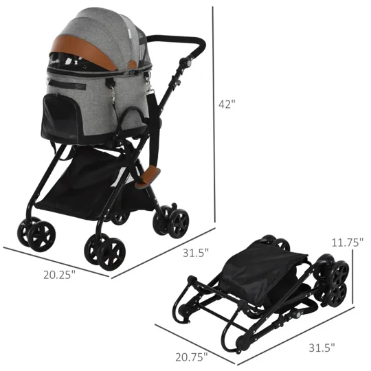 Luxury Folding Pet Stroller Travel Carriage 2 In 1 (Grey) - Image 6