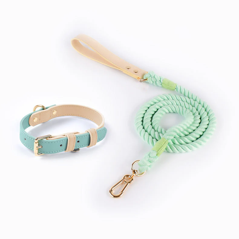 Luxury Pastel Dog Collar and Rope Leash Set – Adjustable Leather Pet Collar with Soft Cotton Lead for Small & Medium Dogs - Image 2