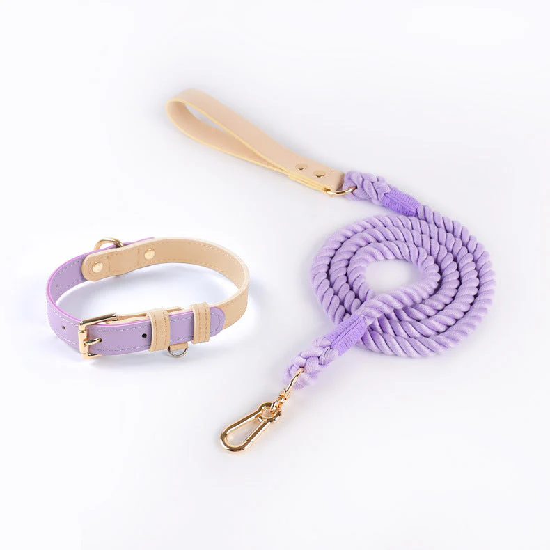 Luxury Pastel Dog Collar and Rope Leash Set – Adjustable Leather Pet Collar with Soft Cotton Lead for Small & Medium Dogs - Image 3