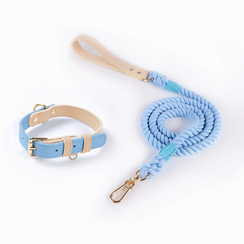 Luxury Pastel Dog Collar and Rope Leash Set – Adjustable Leather Pet Collar with Soft Cotton Lead for Small & Medium Dogs - Image 4