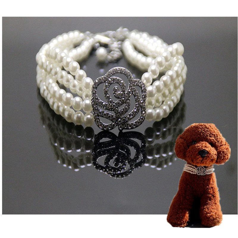 Luxury Pearl Pet Necklace with Crystal Floral Charm - Image 2