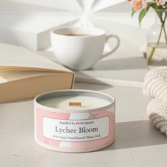Lychee Bloom Luxury Candle | 8oz Non-Toxic Soy Candle with Wooden Wick | Clean Burn - Image 2