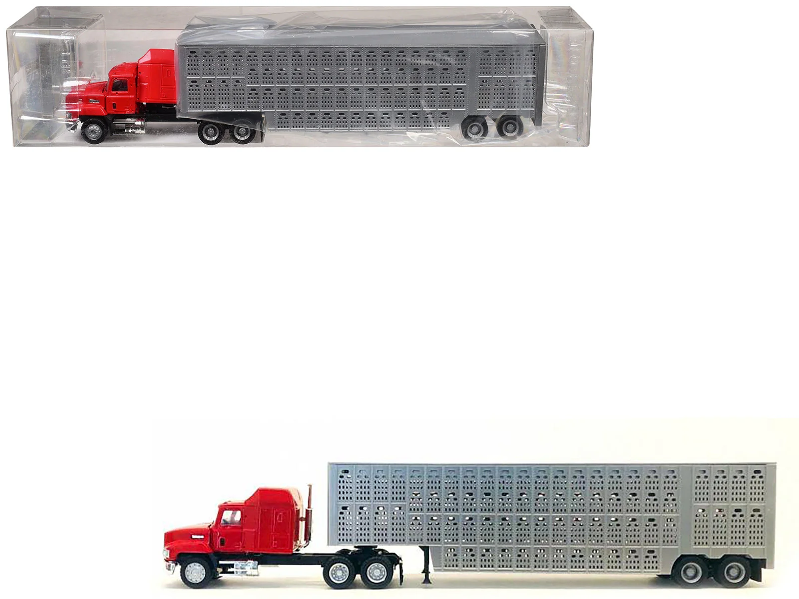 Mack CH 613 with Sleeper Cab Red with Silver Livestock Trailer 1/87 (HO) Plastic Model Car by Promotex - Image 3