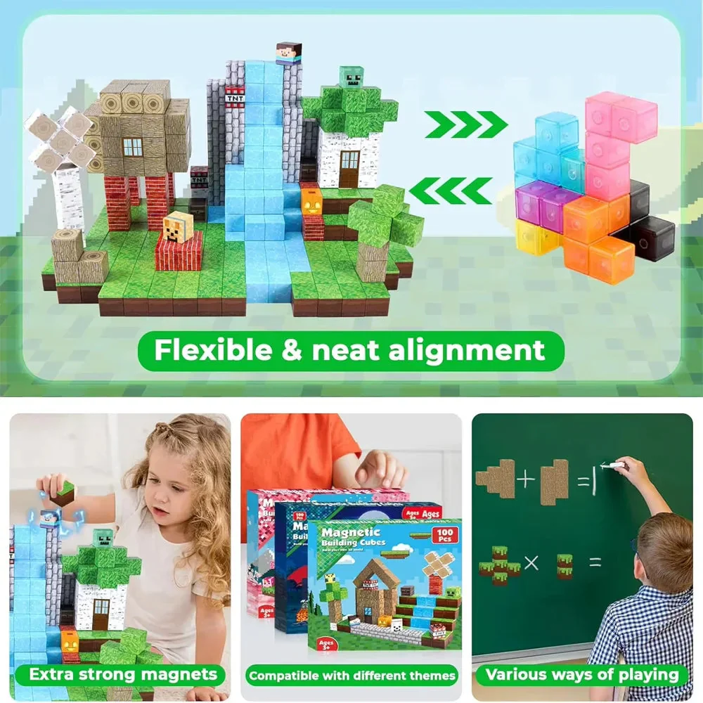 Magnetic Blocks - Build Mine Magnet World Edition Magnetic Cubes Construction Toys for Boys Girls STEM Montessori Sensory Toys - Image 2