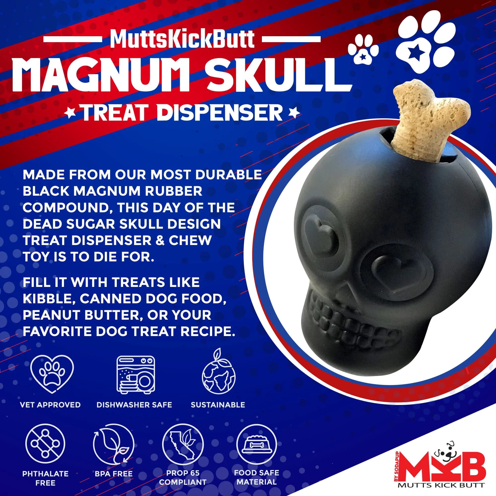 Magnum Sugar Skull Dog Chew Toy & Treat Dispenser - USA Made | SodaPup - Image 2