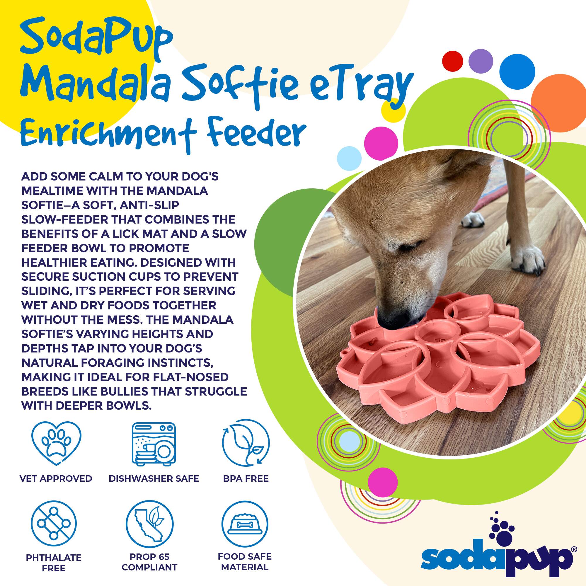 Mandala Softie eTray Shallow Slow Feeder Dog Bowl with Suction Cups |  USA Made - Image 5