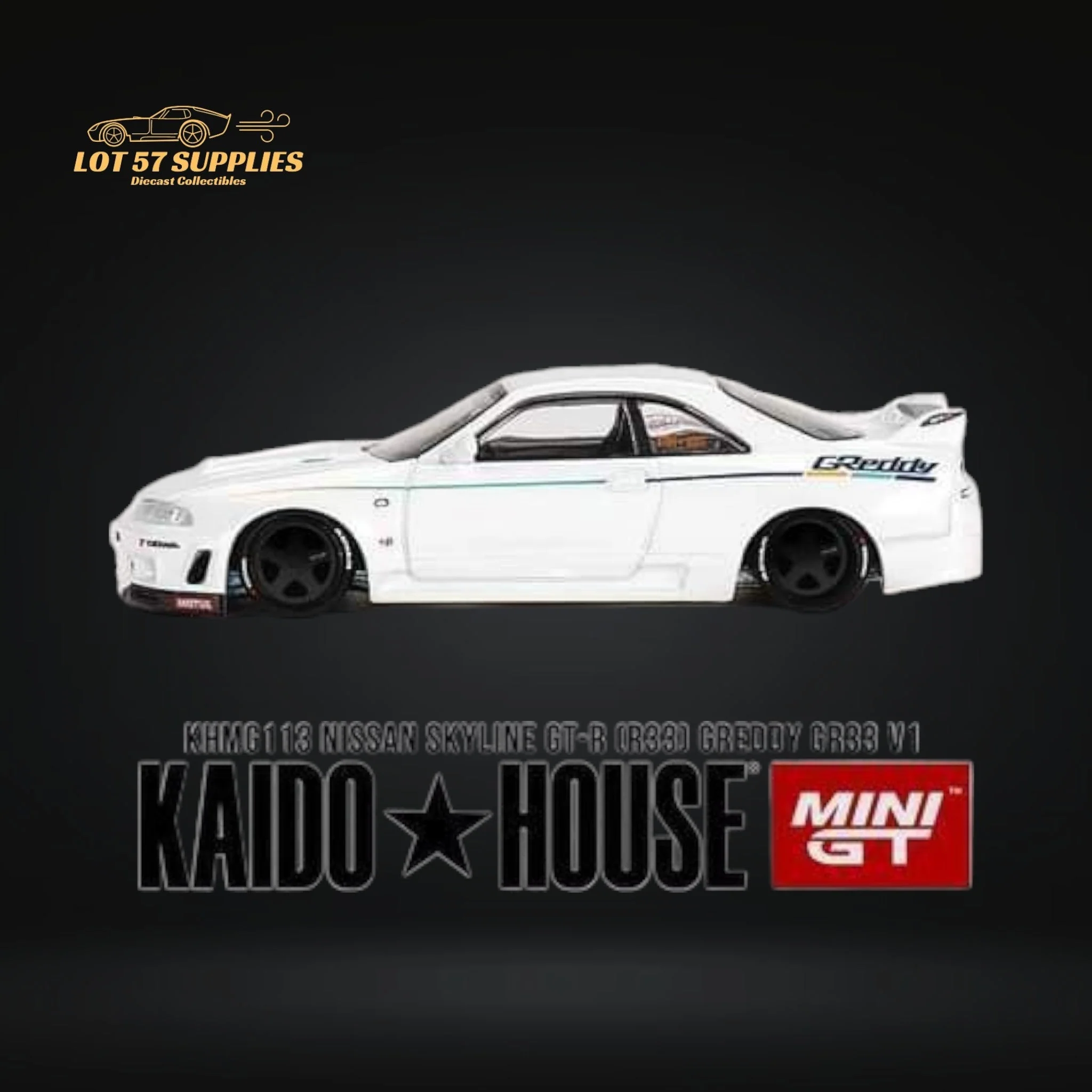 Mini GT x Kaido House Nissan Skyline GT-R R33 GREDDY V1 in White 1:64 KHMG113 - Image 2