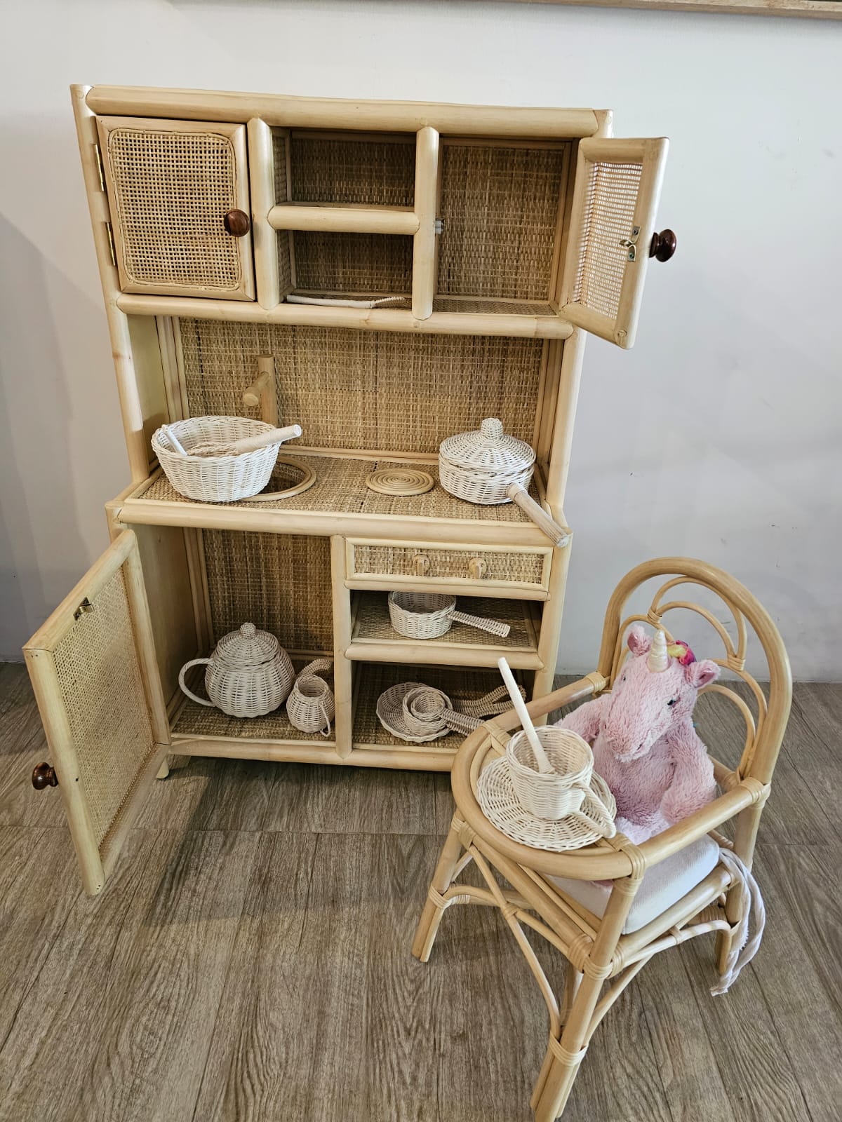 Montessori-Style Rattan Play Kitchen | Natural Pretend Play Station with Storage - Image 11