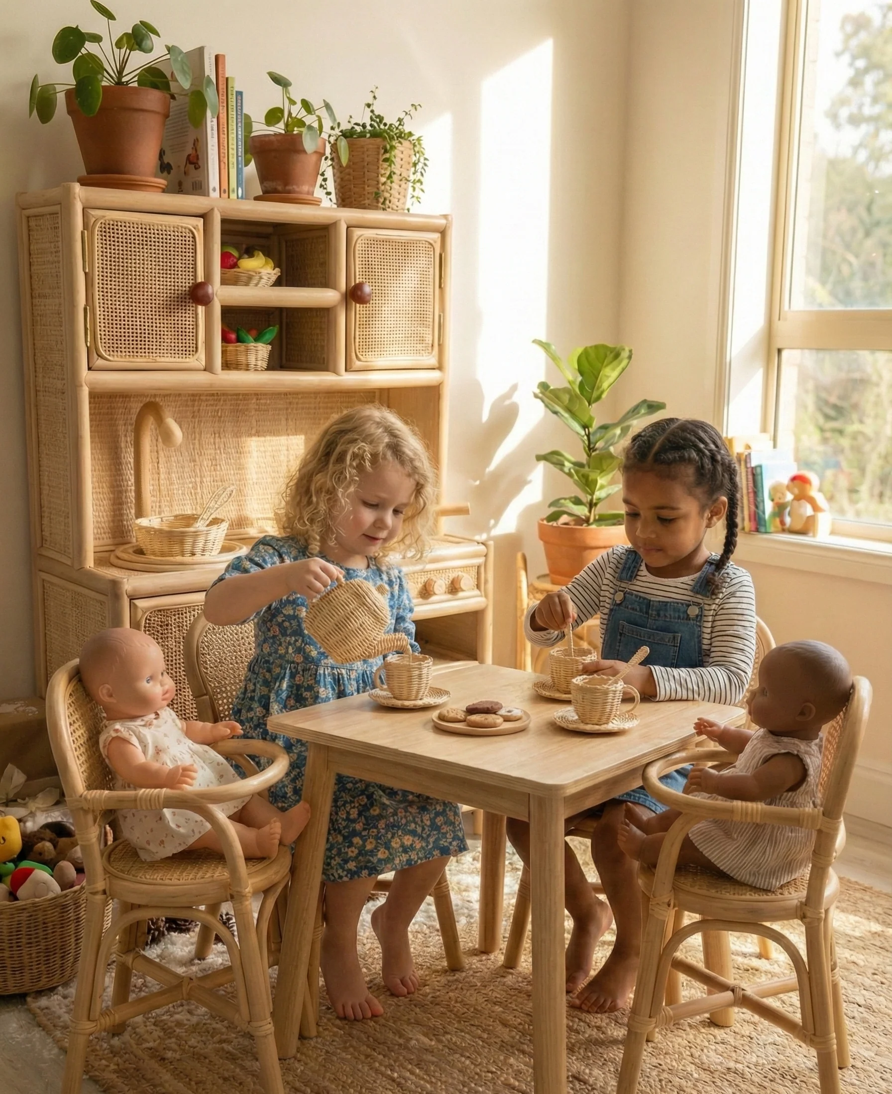 Montessori-Style Rattan Play Kitchen | Natural Pretend Play Station with Storage - Image 7