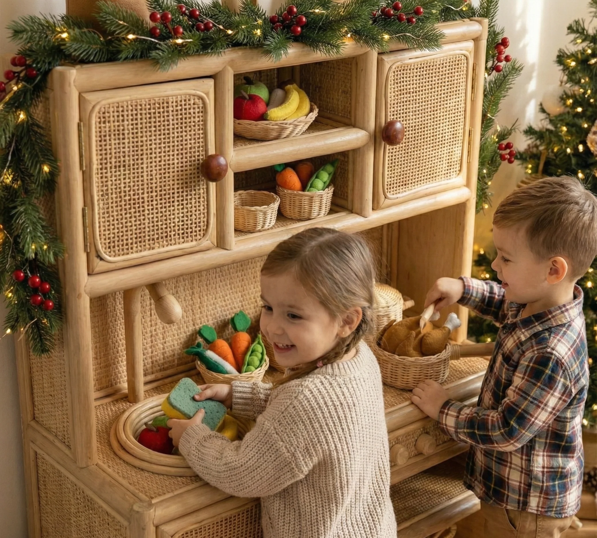 Montessori-Style Rattan Play Kitchen | Natural Pretend Play Station with Storage - Image 8