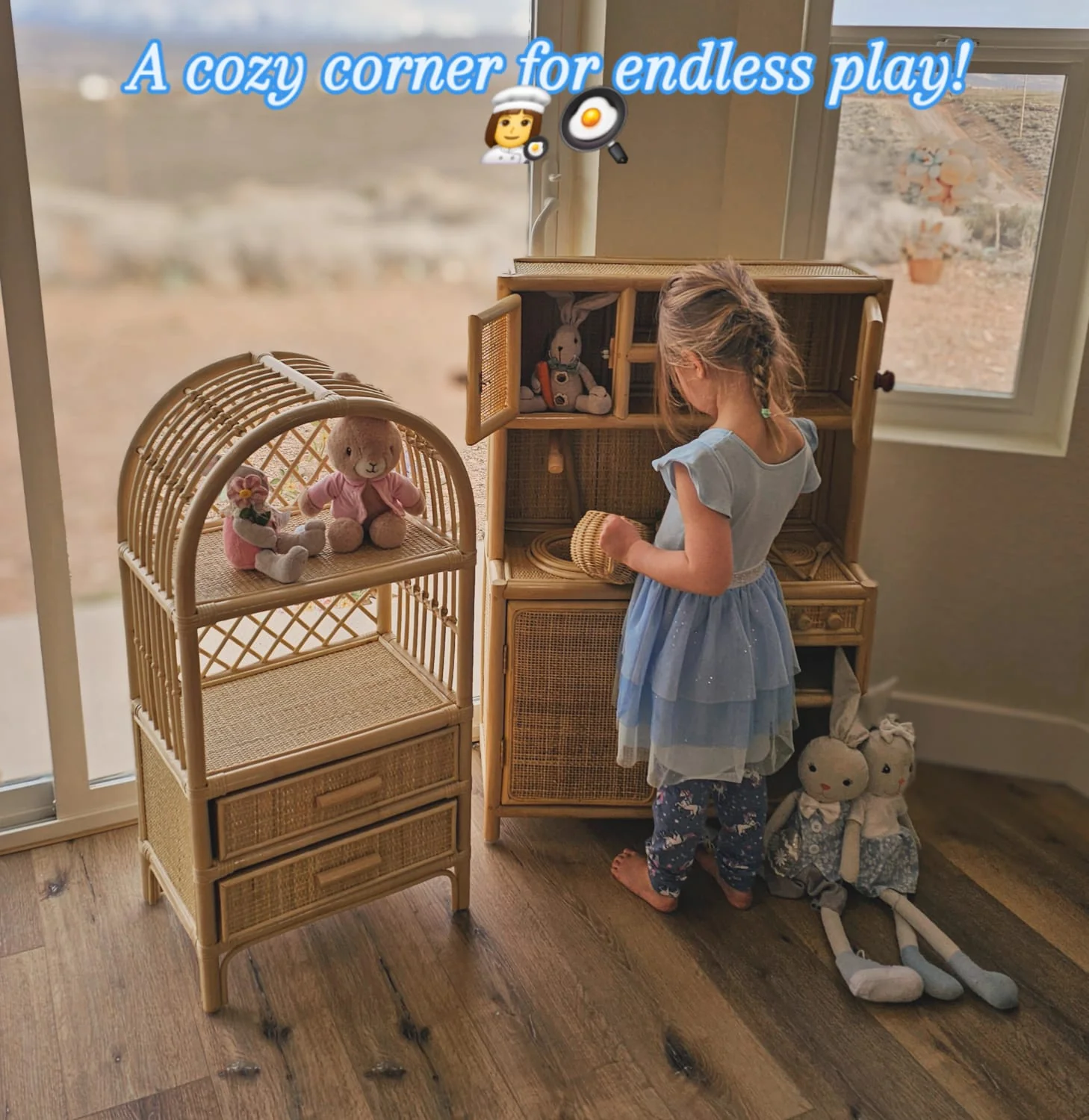 Montessori-Style Rattan Play Kitchen | Natural Pretend Play Station with Storage - Image 9