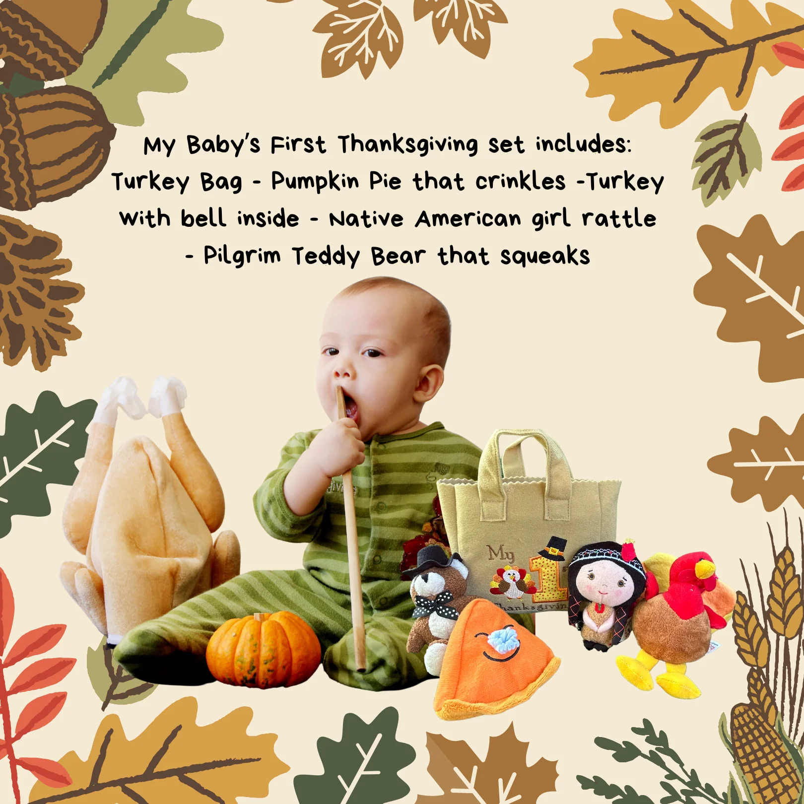 My First Thanksgiving Toy with Plush Gobble Turkey, Teddy Bear, Little Pumpkin Pie - Image 8