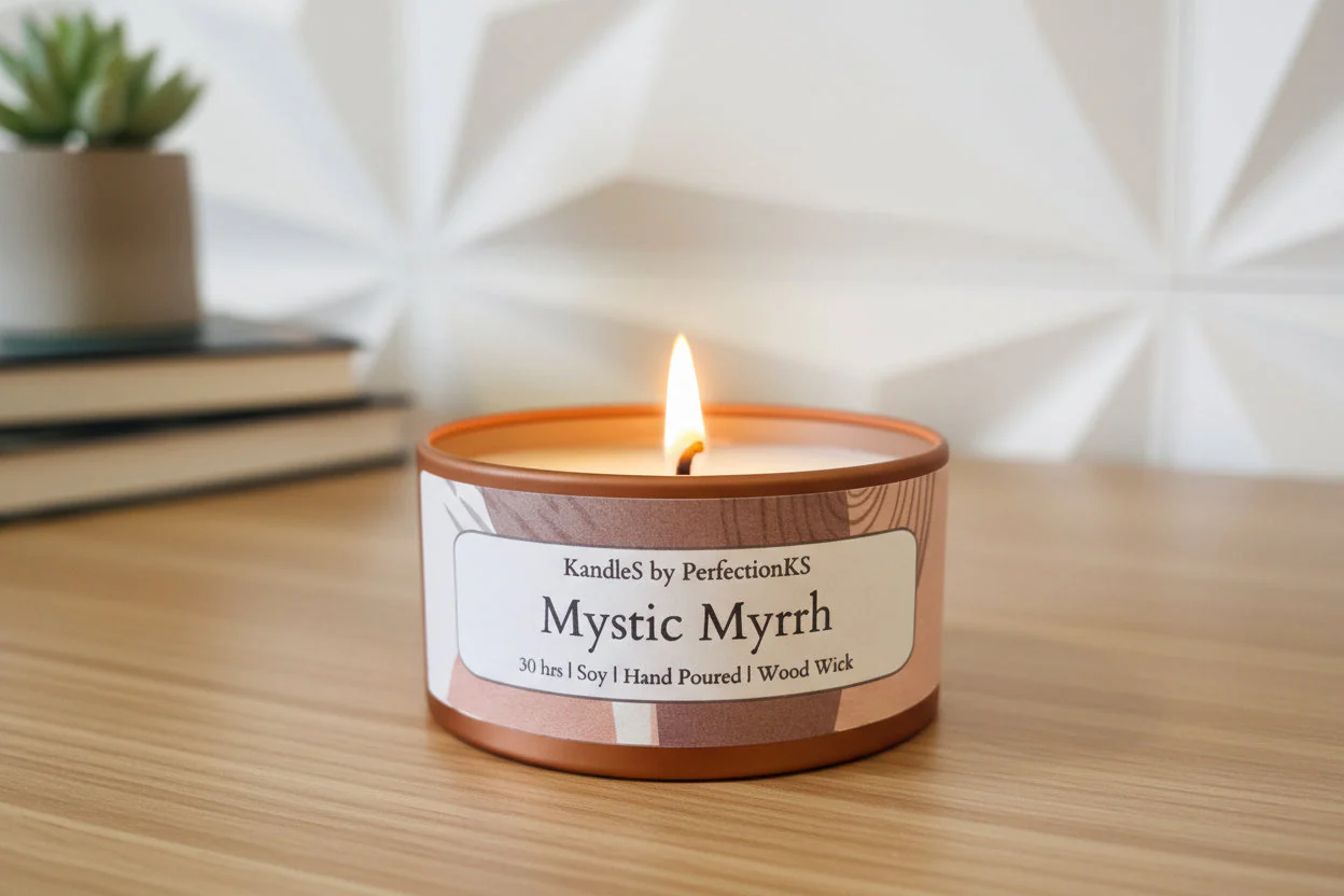 Mystic Myrrh Amber Luxury Candle | 8oz Non-Toxic Soy Candle with Wooden Wick | Clean Burn - Image 2