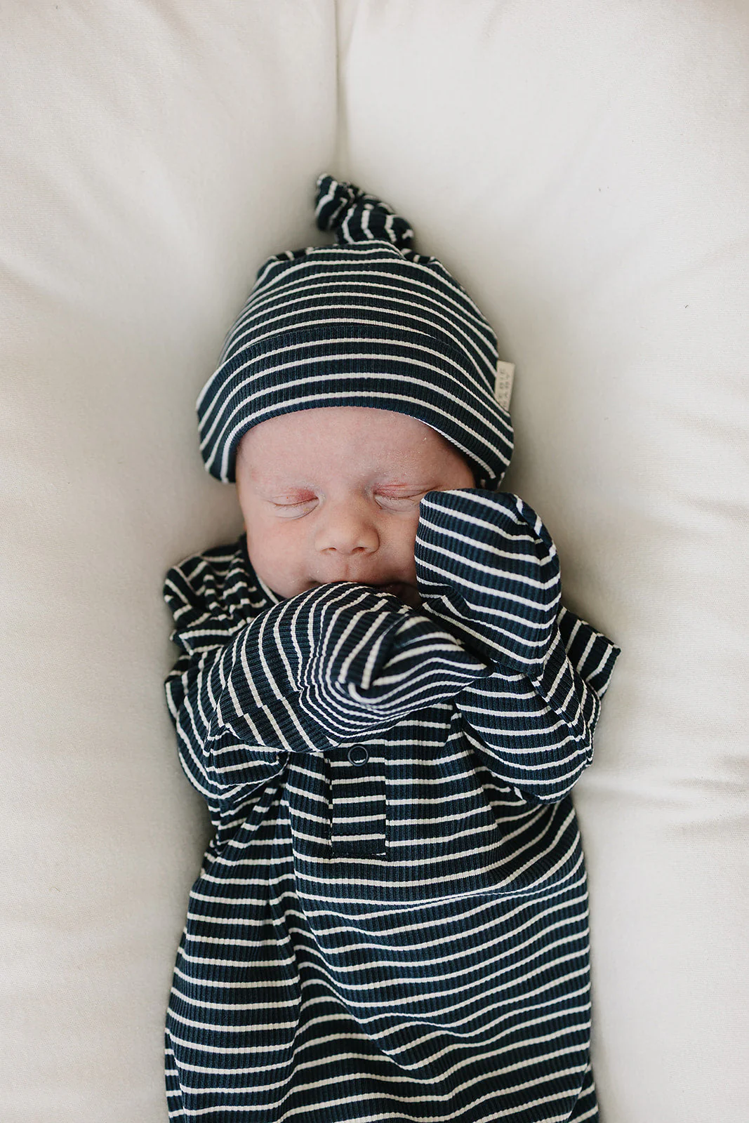 Navy Stripes Ribbed Bamboo Newborn Knot Hat - Image 2