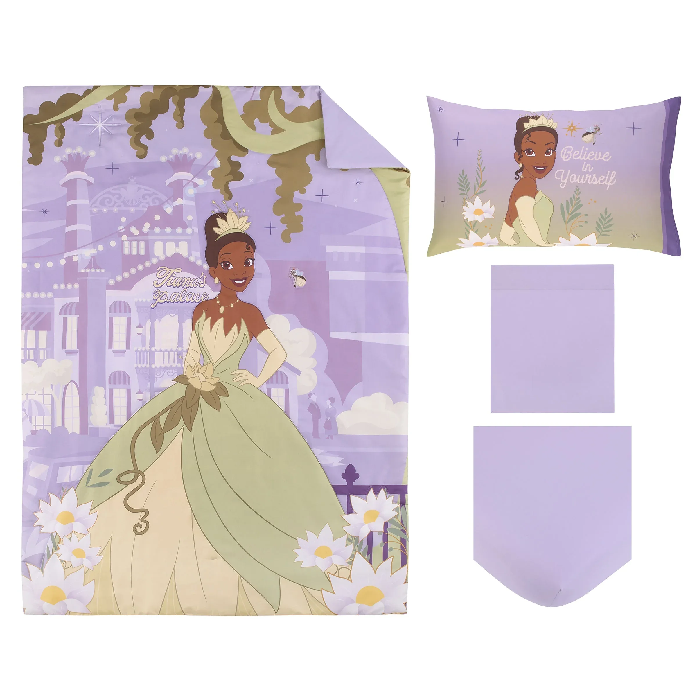 NoJo Disney Princess Tiana Create Your World 4 Piece Toddler Bed Set - Comforter, Fitted Bottom Sheet, Flat Top Sheet, Reversible Pillowcase, Lavender, Green, Yellow - Image 2