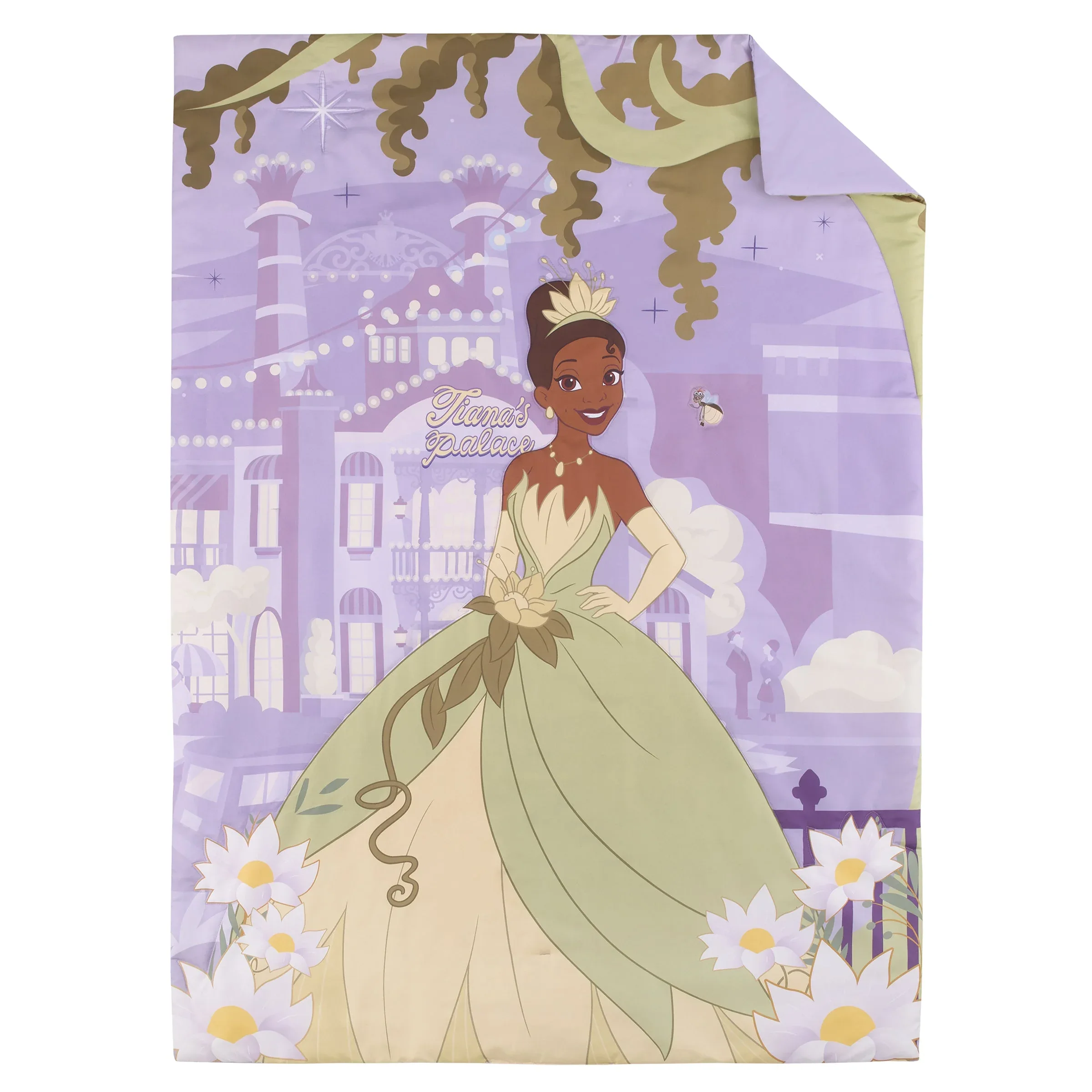 NoJo Disney Princess Tiana Create Your World 4 Piece Toddler Bed Set - Comforter, Fitted Bottom Sheet, Flat Top Sheet, Reversible Pillowcase, Lavender, Green, Yellow - Image 3