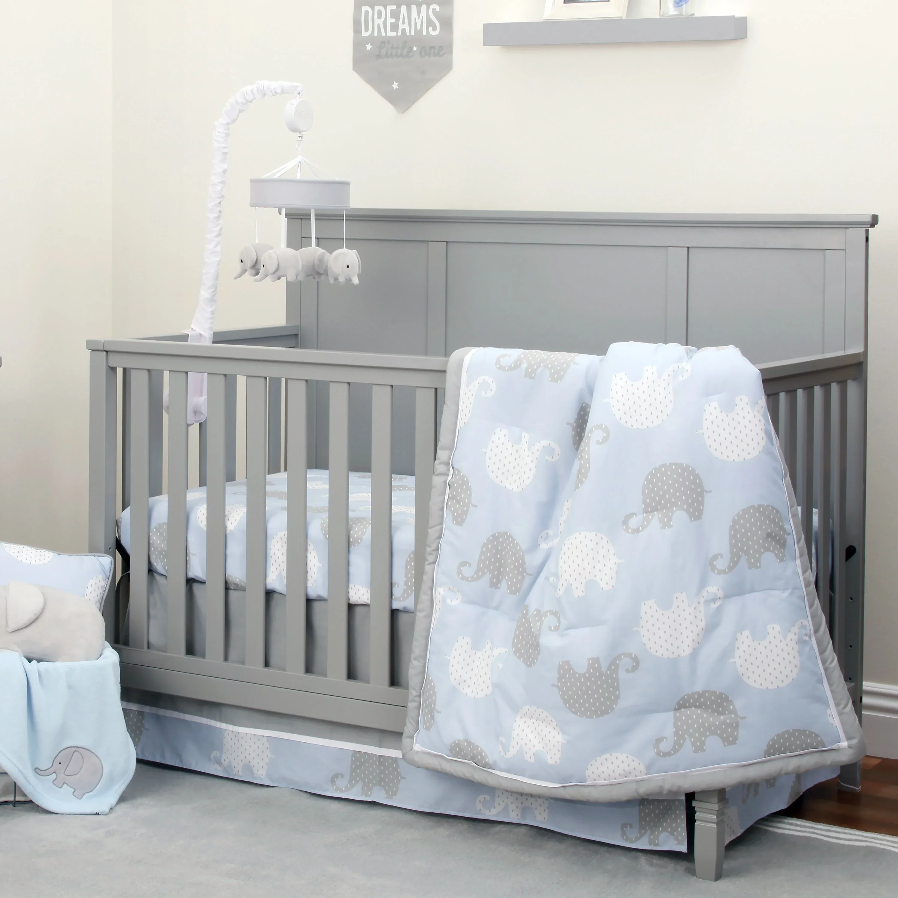 NoJo Dreamer Elephant Blue, Grey 8 Piece Nursery Crib Bedding Set - Image 13