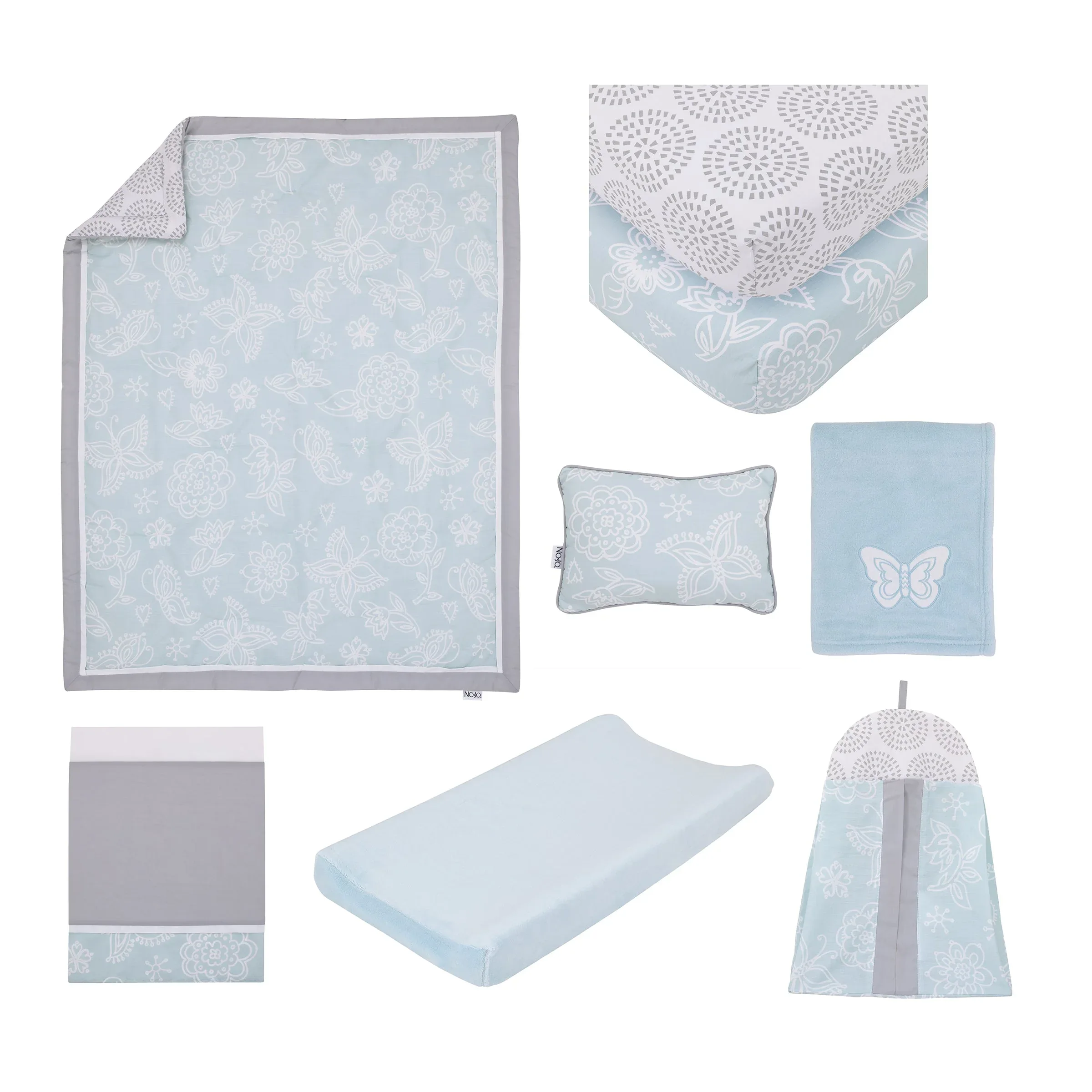 NoJo Dreamer Elephant Blue, Grey 8 Piece Nursery Crib Bedding Set - Image 7