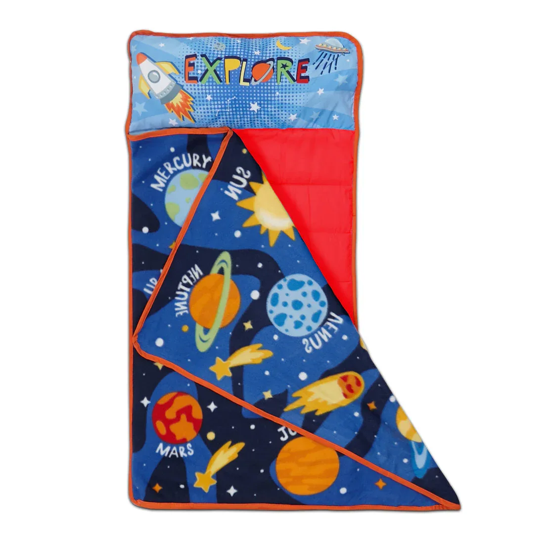NoJo Planets Outer Space Toddler Nap Mat - Includes Attached Pillow and Fleece Blanket - Image 2