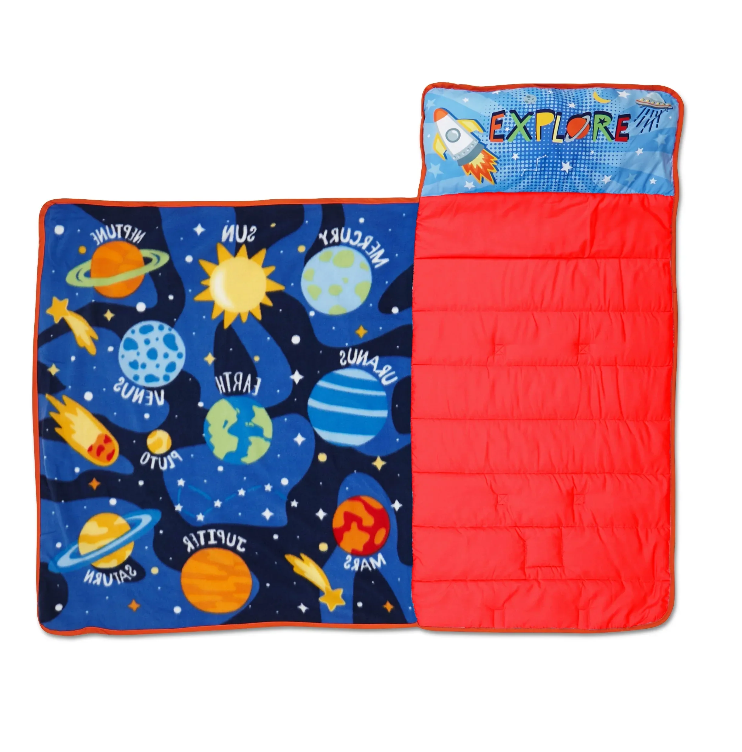 NoJo Planets Outer Space Toddler Nap Mat - Includes Attached Pillow and Fleece Blanket - Image 3