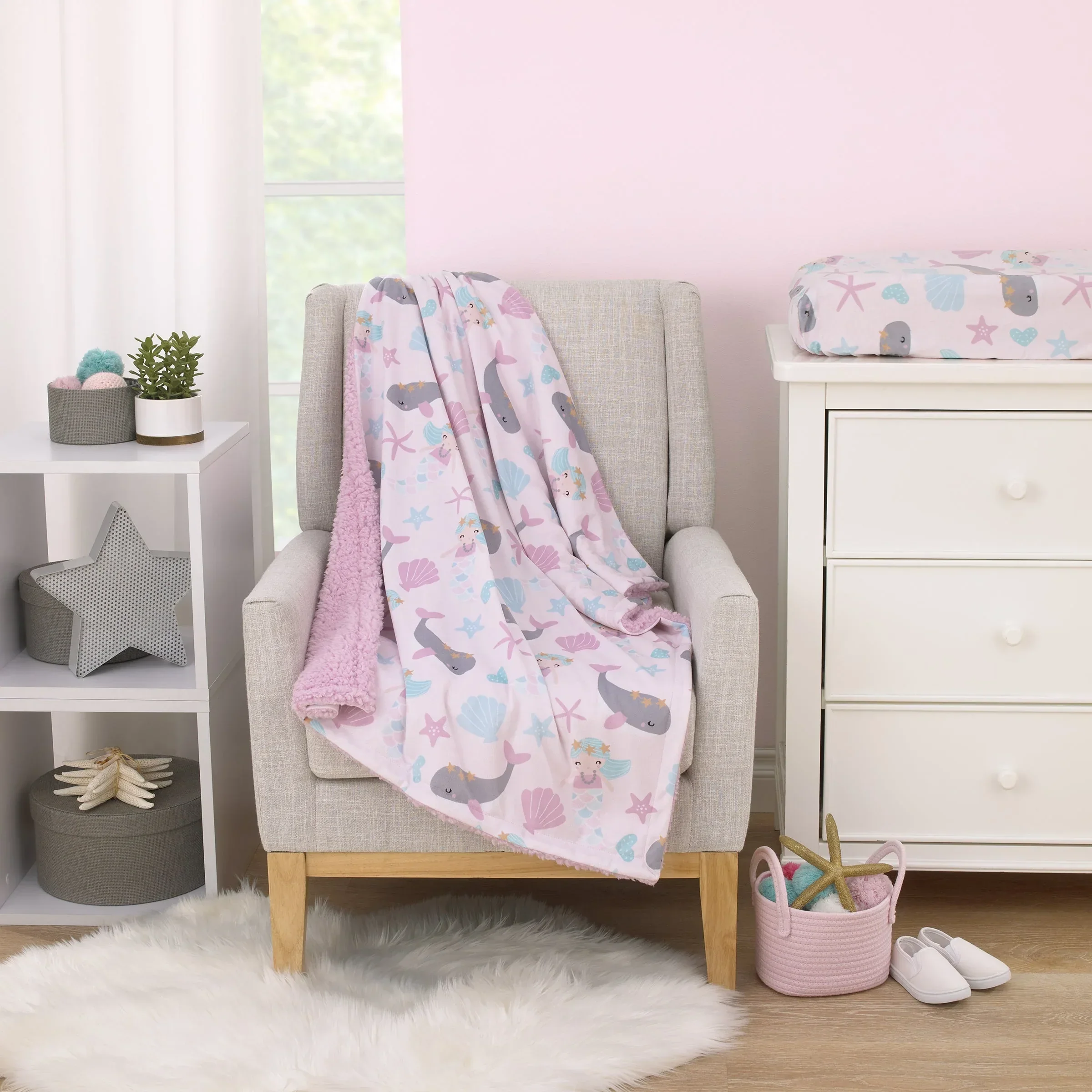 NoJo Sugar Reef Mermaid Pink, Aqua, Gray Super Soft Sherpa Baby Blanket - Image 4