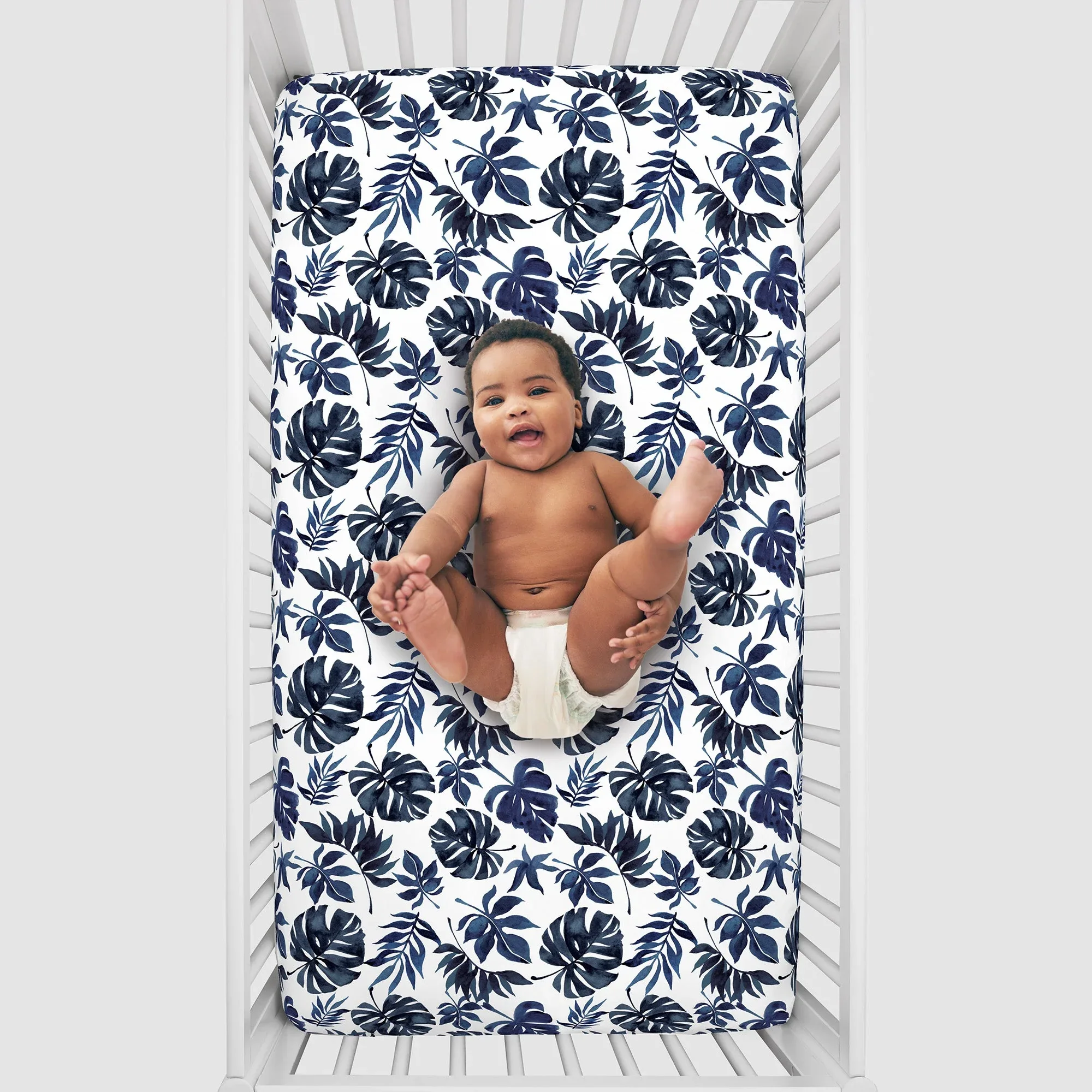 NoJo Super Soft Blue and White Palm Leaf Nursery Crib Fitted Sheet - Image 4