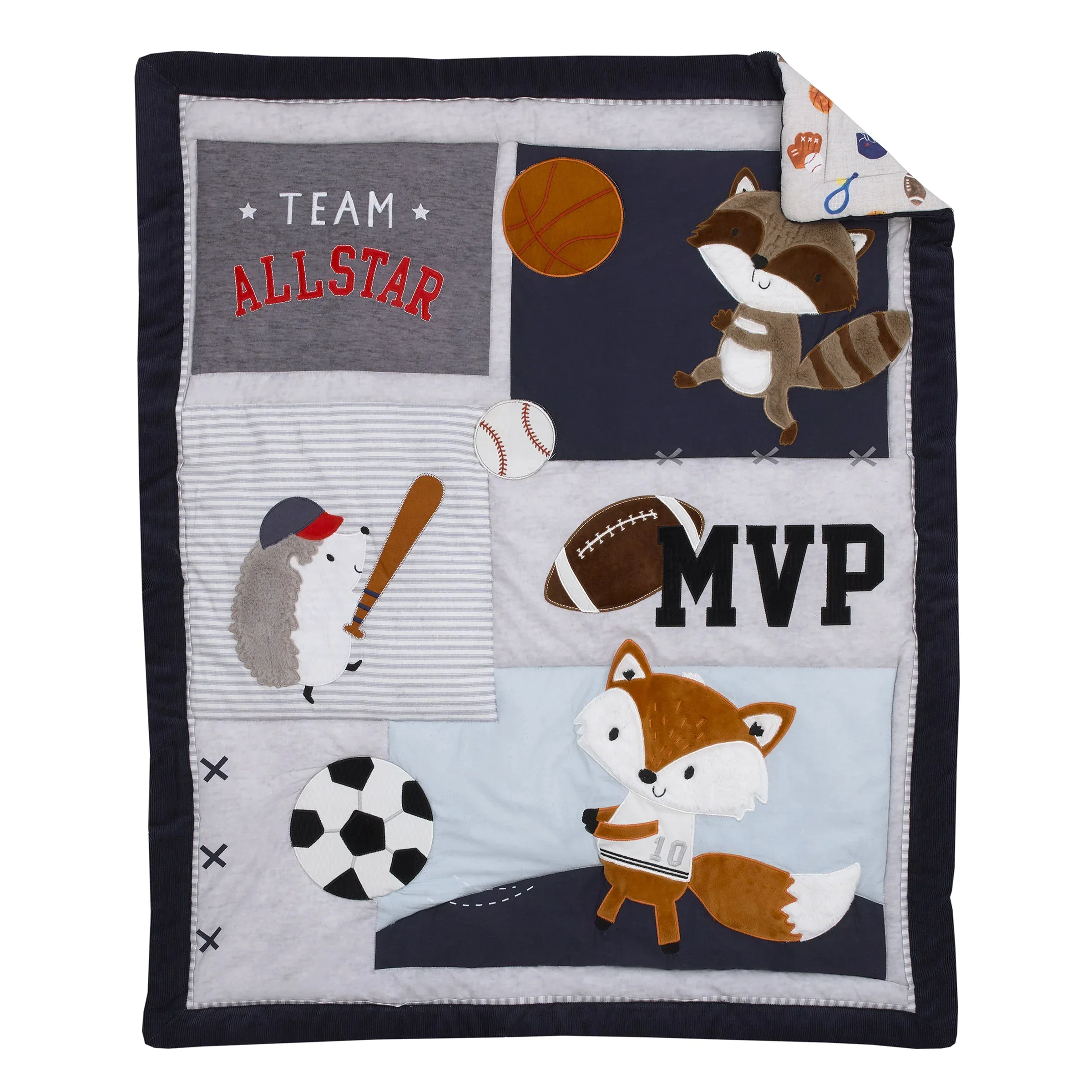 NoJo Team All Star Navy, Grey, and Light Blue, Football, Baseball, Soccer and Basketball, Fox, Raccoon and Hedgehog 4 Piece Nursery Crib Bedding Set - Comforter, 100% Cotton Fitted Crib Sheet, Crib Skirt and Storage Tote - Image 2
