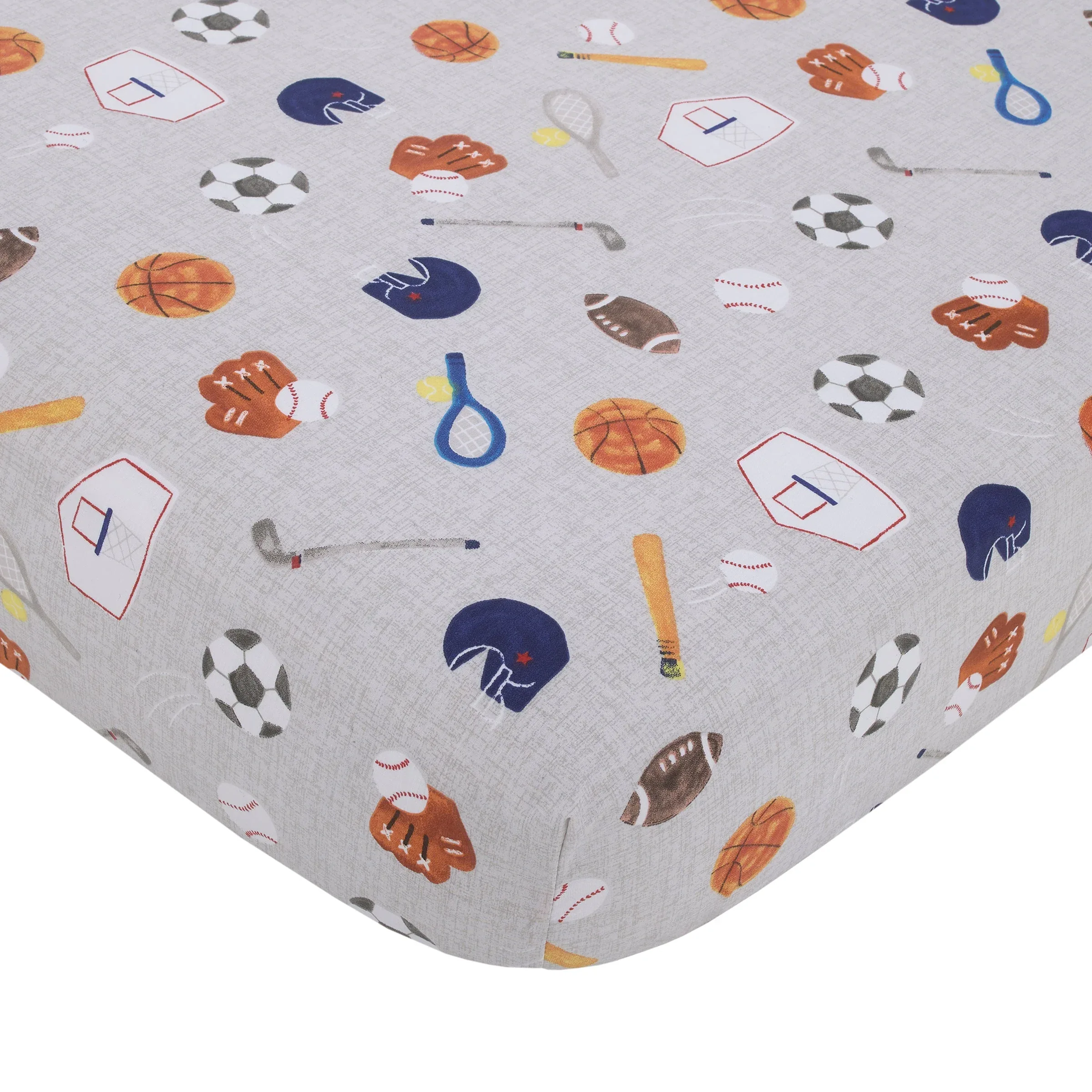 NoJo Team All Star Navy, Grey, and Light Blue, Football, Baseball, Soccer and Basketball, Fox, Raccoon and Hedgehog 4 Piece Nursery Crib Bedding Set - Comforter, 100% Cotton Fitted Crib Sheet, Crib Skirt and Storage Tote - Image 3