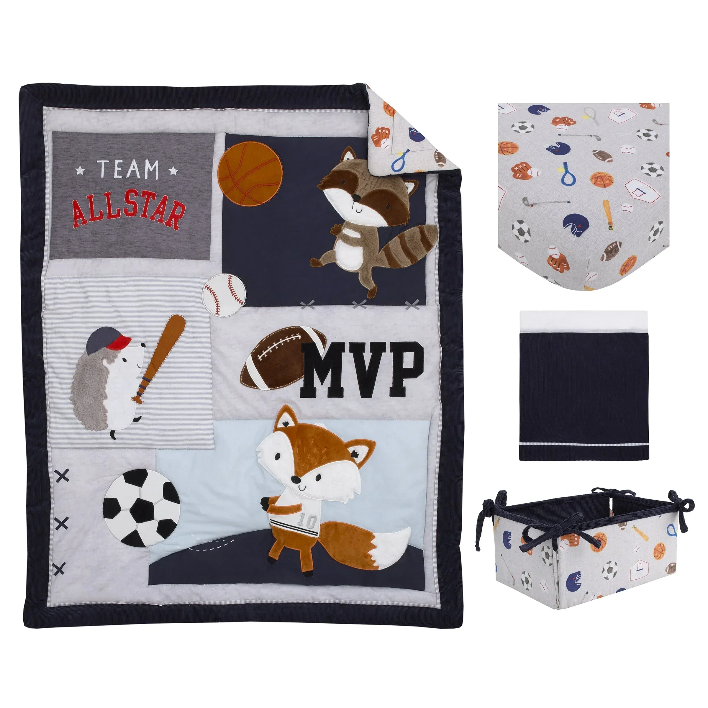 NoJo Team All Star Navy, Grey, and Light Blue, Football, Baseball, Soccer and Basketball, Fox, Raccoon and Hedgehog 4 Piece Nursery Crib Bedding Set - Comforter, 100% Cotton Fitted Crib Sheet, Crib Skirt and Storage Tote - Image 6