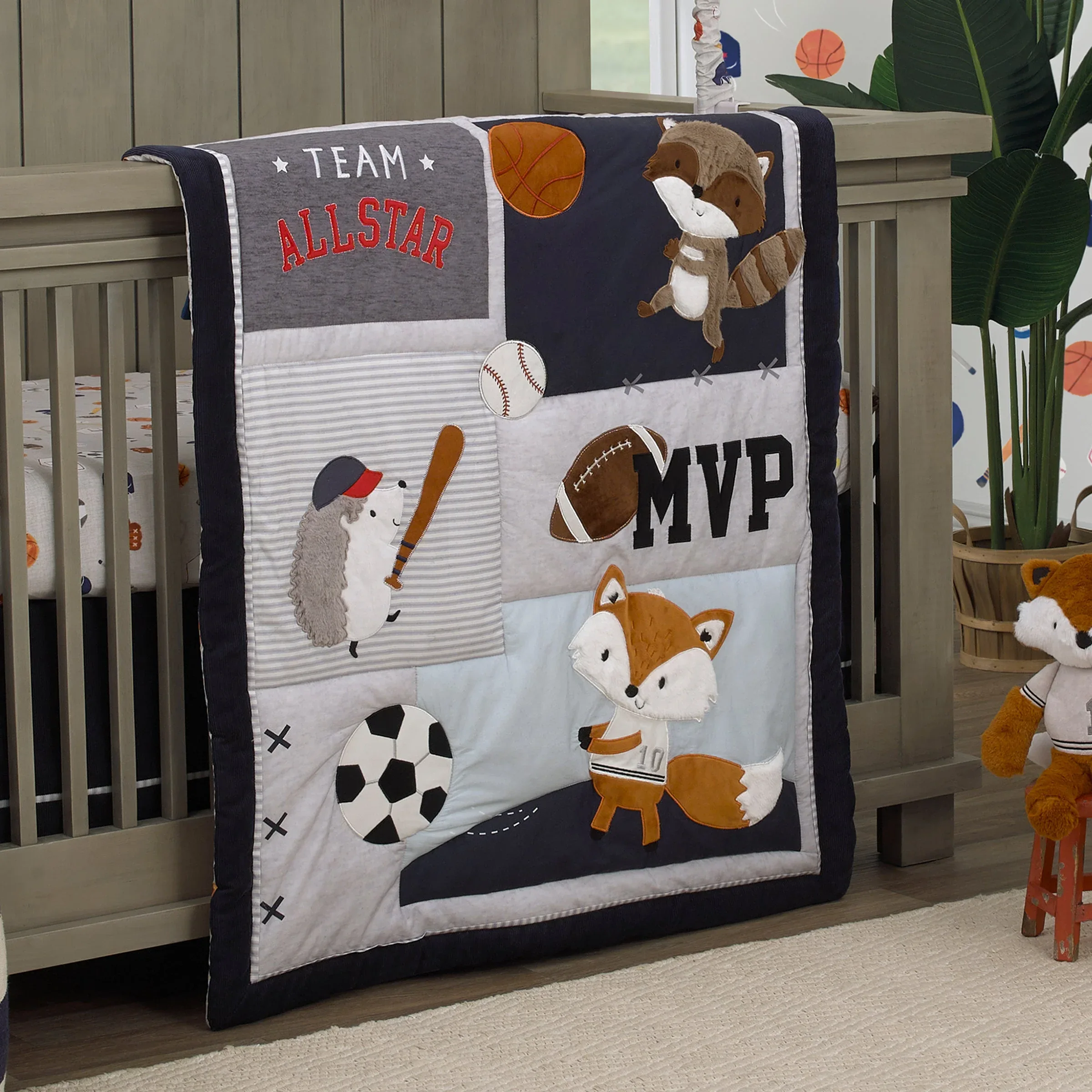 NoJo Team All Star Navy, Grey, and Light Blue, Football, Baseball, Soccer and Basketball, Fox, Raccoon and Hedgehog 4 Piece Nursery Crib Bedding Set - Comforter, 100% Cotton Fitted Crib Sheet, Crib Skirt and Storage Tote - Image 7
