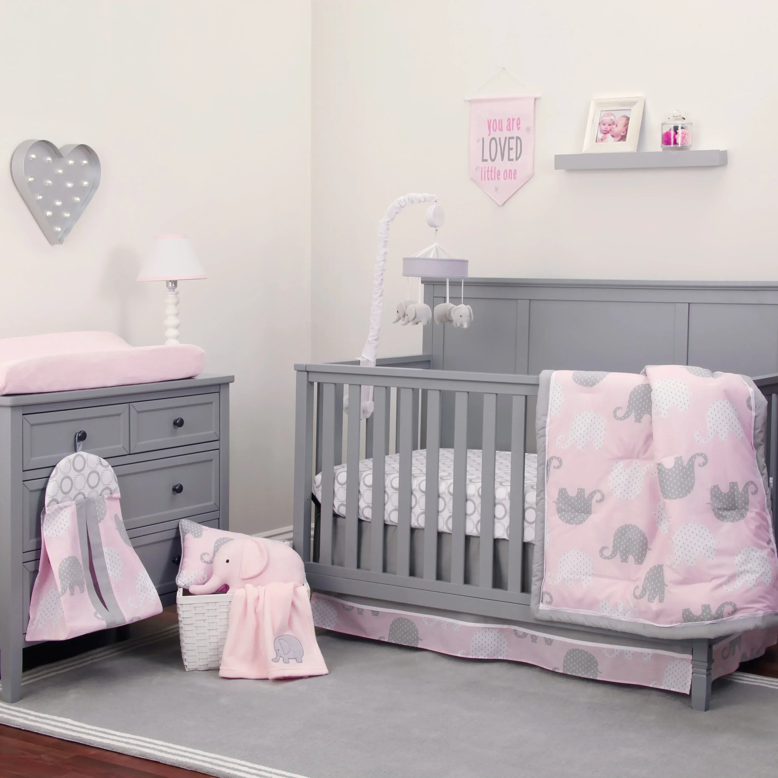 NoJo The Dreamer Pink and Grey Elephant 8 Piece Nursery Crib Bedding Set - Image 11