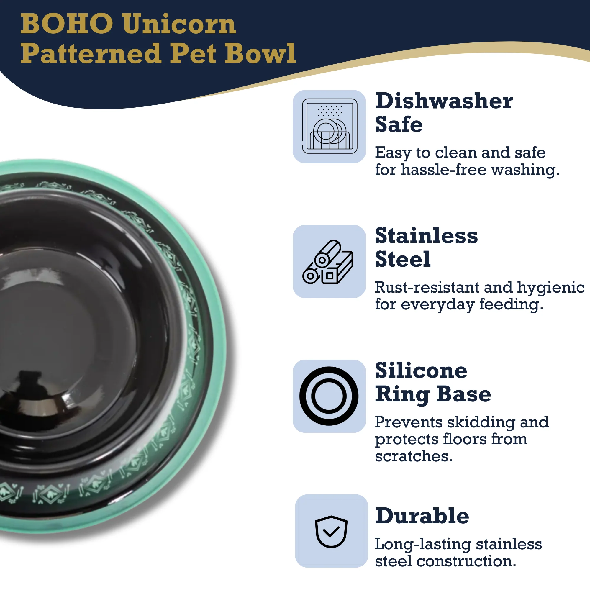 Non-Skid Boho Stainless Steel Dog Bowl – with Whimsical Unicorn Design, Silicone Base for Medium Dogs – 24oz - Image 10