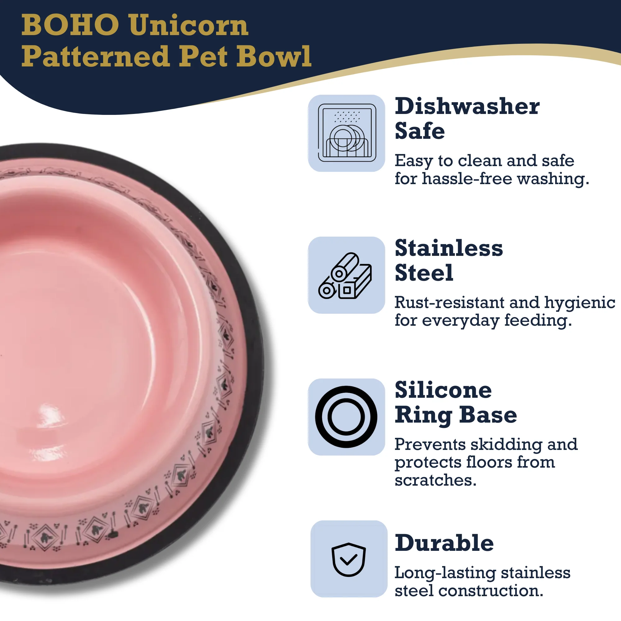 Non-Skid Boho Stainless Steel Dog Bowl – with Whimsical Unicorn Design, Silicone Base for Medium Dogs – 24oz - Image 15