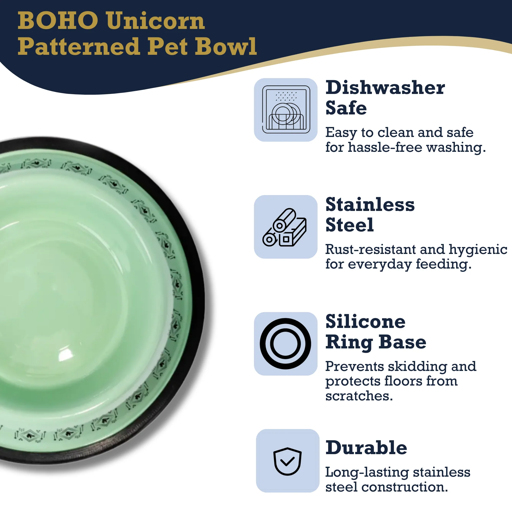 Non-Skid Boho Stainless Steel Dog Bowl – with Whimsical Unicorn Design, Silicone Base for Medium Dogs – 24oz - Image 5