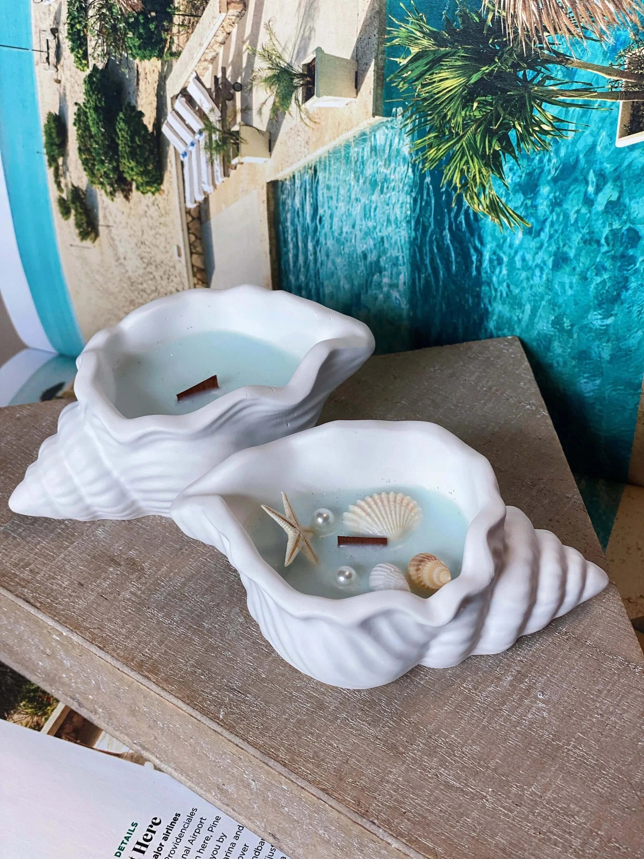 Ocean’s Whisper Candle in Jesmonite Shell – Coastal Calm at Home - Image 2