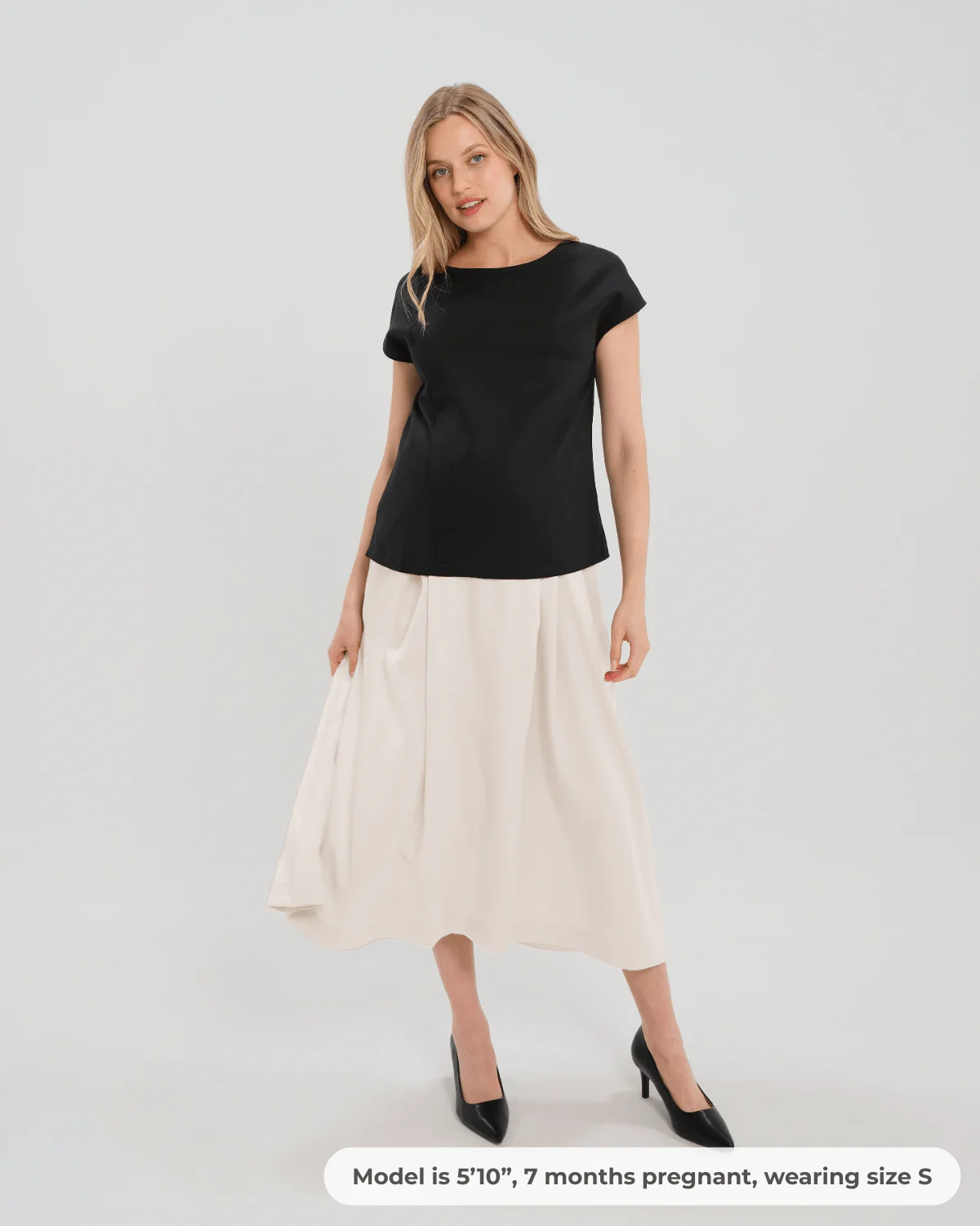 Over-Under Bump Pleated Maternity Maxi Skirt in Cream Satin - Image 2